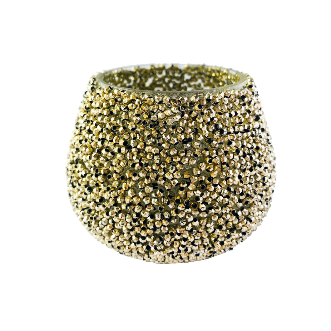 Recycled Glass Beaded Votive Holder, Antique Gold Finish